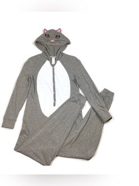 Forever 21 One Piece Hooded Gray Cat PJs Pajamas